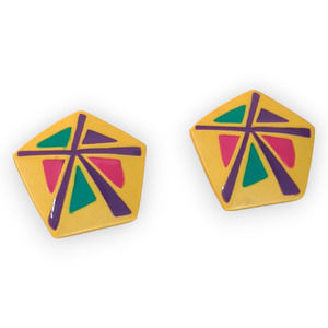 Vintage 1980's Large Statement Earrings, Funky Yellow Pink‎ Purple Green Costume